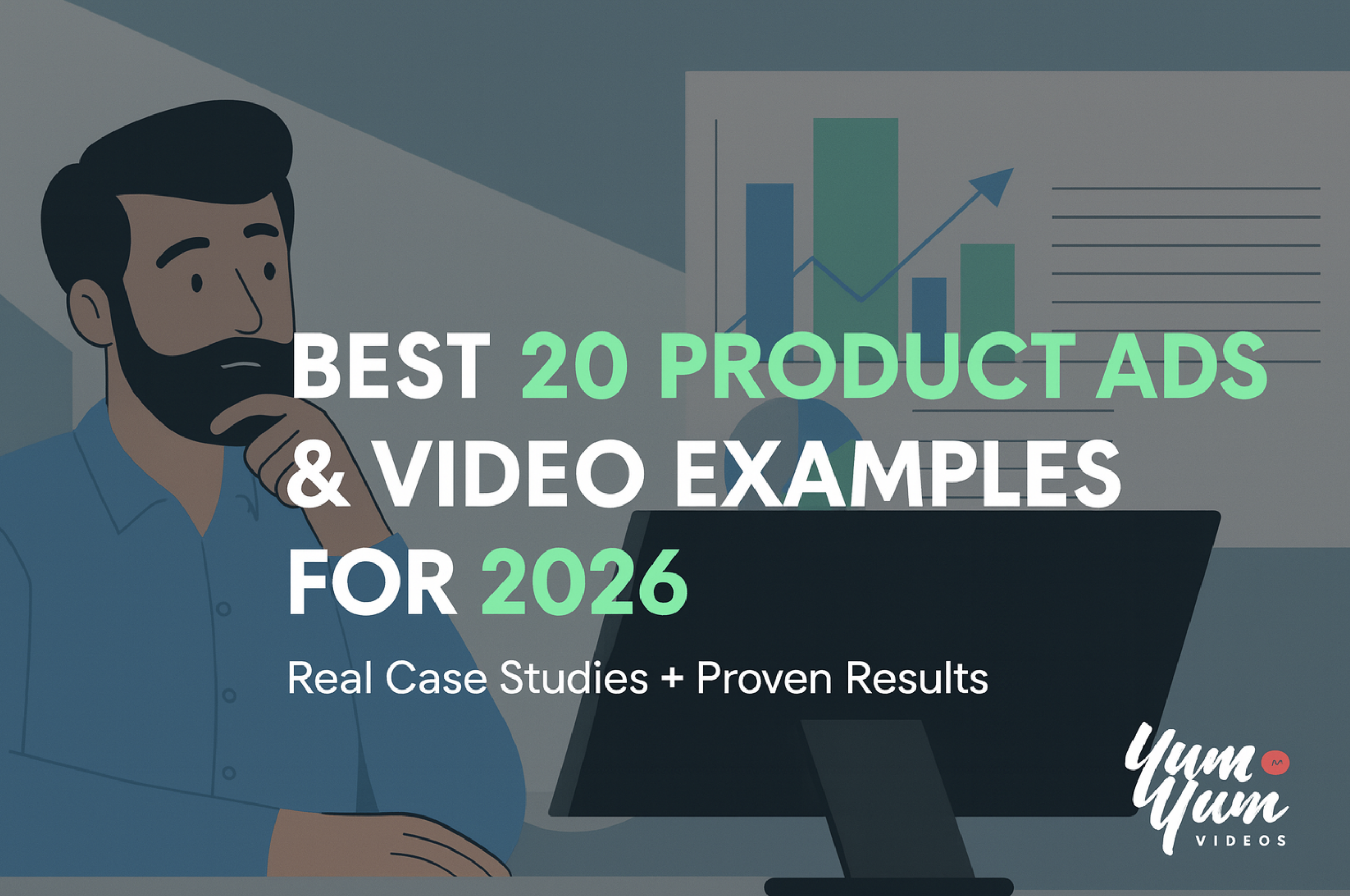 Illustrated banner showing a man analyzing charts with the headline “Best 20 Product Ads & pr 2026” from Yum Yum Videos.