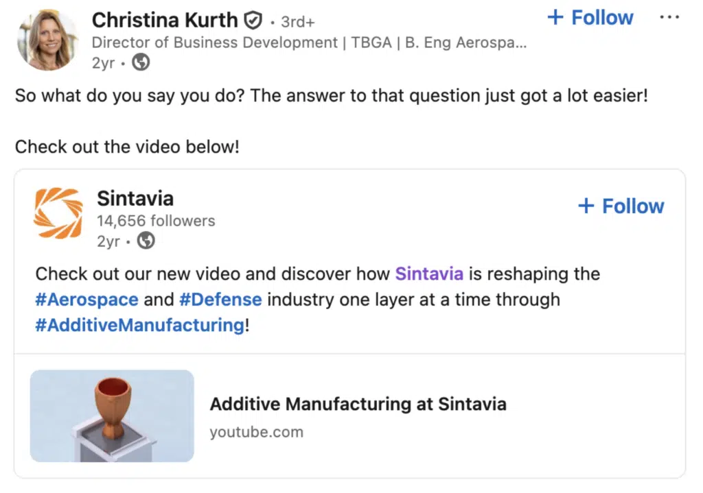 Venture Videos vs. Yum Yum Videos (2026): Which Agency Is Best for SaaS & High-Growth Teams? 2 Sintavia Director LinkedIn feedback praising Yum Yum Videos' 3D explainer after securing U.S. DoD aerospace contract.